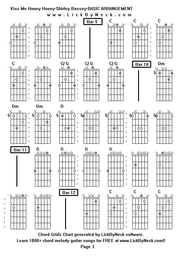 Chord Grids Chart of chord melody fingerstyle guitar song-Kiss Me Honey Honey-Shirley Bassey-BASIC ARRANGEMENT,generated by LickByNeck software.